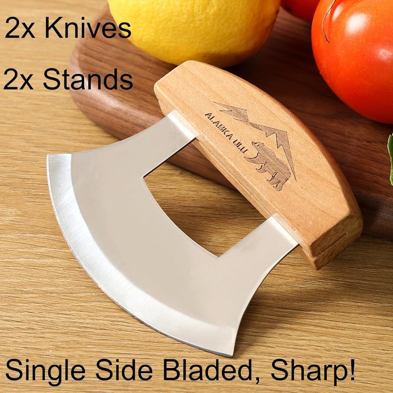 WiuCYS Alaskan Ulu Knives Pizza Cutter Chopper Slicer for Salad Vegetables Meat Chopping Mincing with Wooden Stand Arthritic Tool 5x4in (2) - Image 3
